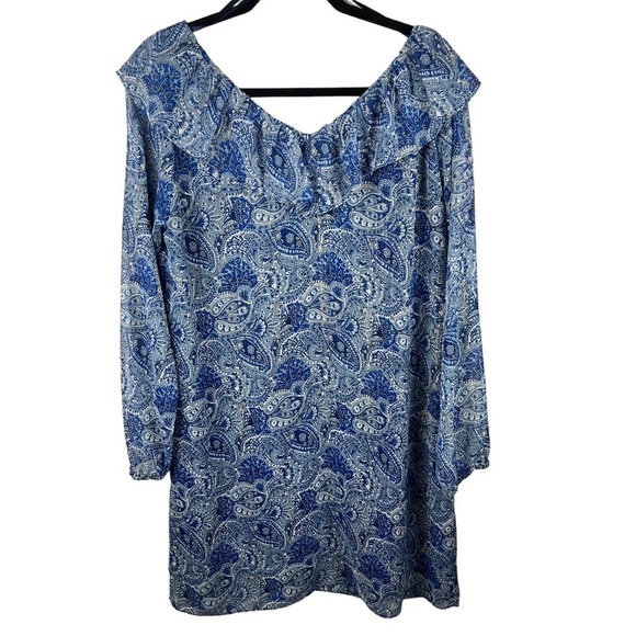 Michael Kors Blue Dress Paisley Ruffle Neck Shift Boho Peasant SZ L Cottagecore - Picture 4 of 8